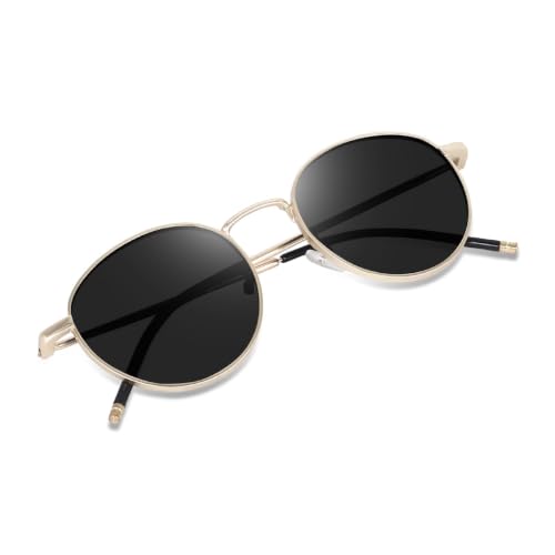 Image of Women's Round Sunglasses, Silver Metal Frame, Black Lens, Retro Style-UV Protected-Pack of 1