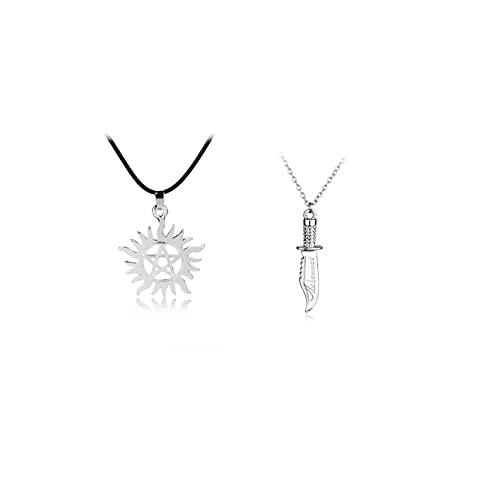2PCS One Set Supernatural Merchandise Dean's flame Sun and Dagger Knife Pendants Silvertone Plated Super natural Pendant Necklaces For Fans