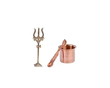 A&S Ventures Combo of Brass Trishul Statue with Square Stand and Copper Panch Patra Glass with Spoon for Pooja, Yaag, Temple