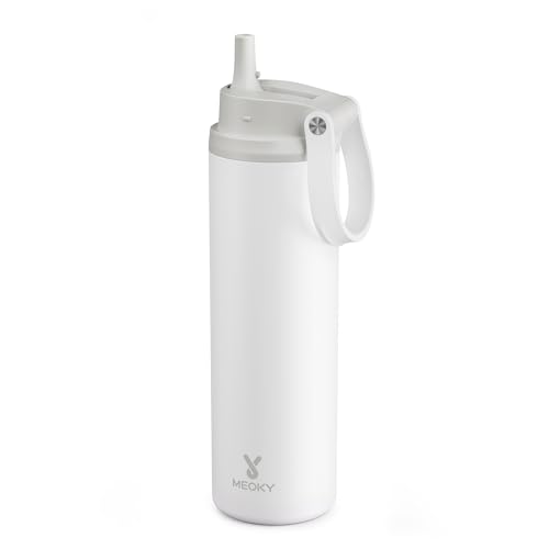Image of Meoky 24 oz Insulated Water Bottle: Flip-to-Pop Straw, Leak Proof, 24H Cold, Fits in Car Cup Holder, Wide Mouth, BPA-Free, Metal Water Bottle for Travel Sports Gym Backpack, Pearl