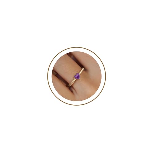 Honsny Heart Birthstone Gold Rings for Women Non Tarnish 14K Gold Plated Stackable CZ Gemstone Amethyst Ring Dainty Engagement Promise Rings for Her Waterproof Jewelry Birthday Gifts Size 7