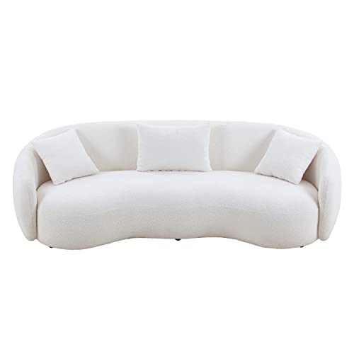 Image of KEIKI 94 inch Boucle Half Moon Curved Sectional Sofa with 3 Throw Pillows, Modern Style 4-Seater Teddy Fleece Leisure Couch with Curved Backrest, Easy Assembly, for Apartment, Living Room, Bedroom, Whtie