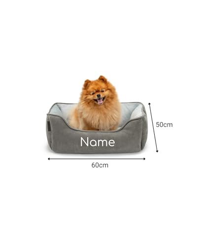 lionto Hundebett 2-in-1 mit komfortablem Einstieg, kuscheliges Heimtierbett zum Wenden für Hunde und Katzen, 60x50 cm, Hundekissen in pflegeleichter Wildlederoptik, grau (Namensaufdruck)