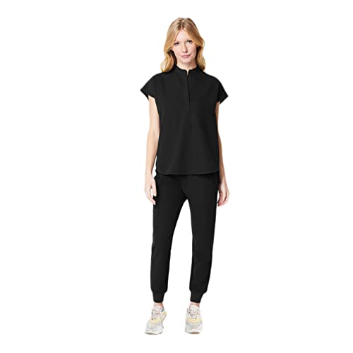 PengGengA Conjunto de Uniformes Médicos para Mujer Medio Cuello Alto Manga Corta Tops Pantalones con Puños Acanalados (Negro, S)