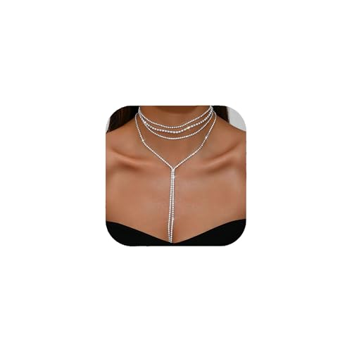 Red Yun En Rhinestone Choker Necklace for Women Silver Black Rhinestone Layered Y Neckalces Layered Choker Neckalces Dainty Fashion Long Tassel Neckalce for Women (Silver Style)