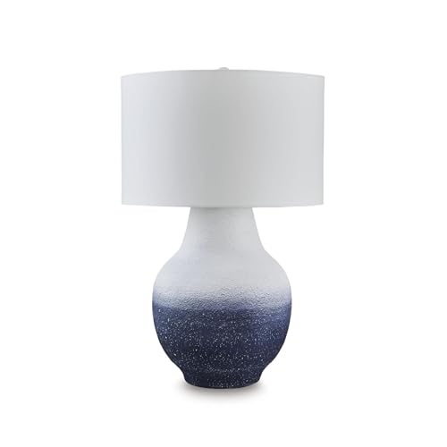 Signature Design by Ashley Dashland Coastal Table Lamp, 31 Inch Tall Statement Height, Textured Metal Base with Fabric Drum Shade, Large Living Room Lighting, White and Navy Blue Ombre by Signature Design by Ashley - Used condition - US$119.22