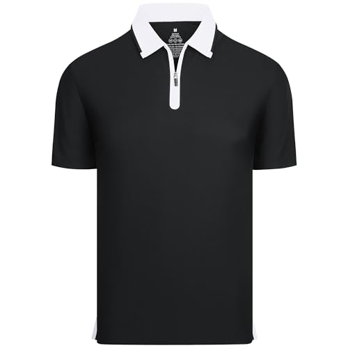 Esabel.C Mens Golf Shirt Zipper Polo Stretch Moisture Wicking,Black,XXL | Wrinkle Free,Breathable Mesh,Performance Fit,Machine Washable,All-Day Wear