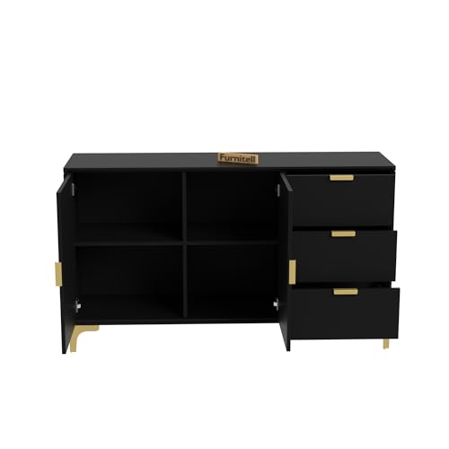 Image of Wooden Sideboard Cabinet for Living Room | Side Board Crockery Cabinet with 2 Doors & 3 Drawers Storage for Dining, Drawing and Home Office | HDMR Premium Wood & Iron, Forest Green