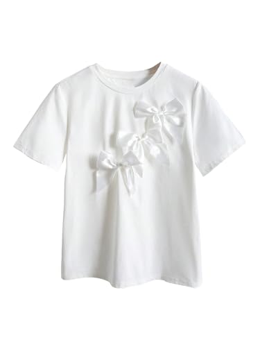OYOANGLE Girl's Cute Bow T Shirt Short Sleeve Crew Neck Tee Shirts Solid Summer Casual Tops