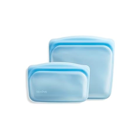 Stasher Premium Silicone Reusable Food Storage Bags, 2-Pack, Blue | Multi-Use Food Storage Bags, Lunch Bag, Travel Containers | BPA Free, Leak-free, Dishwasher-Safe, Eco-friendly Cover