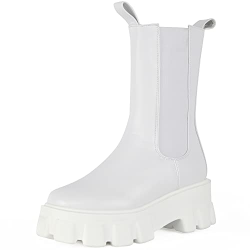 Readysalted Women's Mid Calf Chunky Sole Platform Chelsea Slip On Fashion Cleated High Ankle Boots(Rota18-Wh,Us8) #TOP10