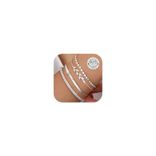 CASSIECA 3Pcs Armband Damen 925 Sterling Silber Armbänder Silver 925 Fischgräten Leaf Armband Set Verstellbare Stapelbare Kettenarmband Schmuck für Damen Mädchen
