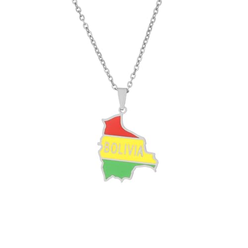 Macracrua Collier léger avec pendentif carte du drapeau de la Bolivie en acier inoxydable, bijou unisexe minimaliste, 60cm Chain, Acier inoxydable, Pas de pierre précieuse