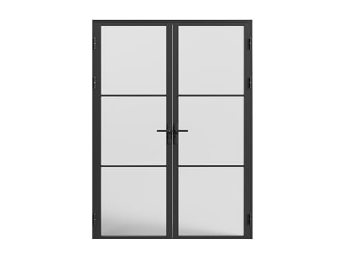 Vente-unique-Puerta reversible de dos hojas de aluminio y vidrio esmerilado - 2 x Alt. 204 x L73 cm - Negro - MASERU