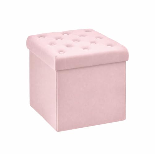 Bonlife Pouf Coffre Boîte de Rangement Pliable Coffre à Jouets Gagner de l'espace Capitonnée Velours Tabouret Chambre Princesse Rose 40x 40x40cm
