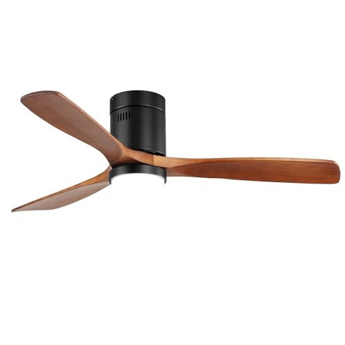 52 Inch Low Profile Rustic Wood Ceiling Fan with Lights and Remote for Indoor and Outdoor Use