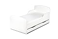Leomark Letto per bambini in legno, cassetto e materasso, rete a doghe, mobili per bambino, magnifiche stampe, dimensioni del materasso 140 x 70 cm, colore bianco, stile scandinavio