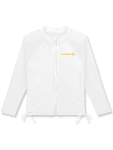 BesserBay Kid Girls Front Zip Thumb Holes Rash Guard Top Quick-Dry UPF 50+ White Orange Long Sleeve Swim Shirt 7-8 Years