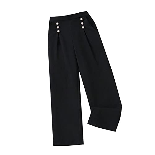 Girls Wide Leg Dress Pants High Waisted Button Loose Straight Leg Trousers Casual Palazzo Pants (Black, 8-9 Years)