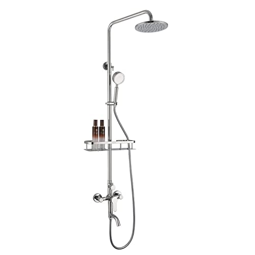 Sistema de Ducha Montado en Pared de Acero Inoxidable, Juego de Ducha de Lluvia Plateado con Estante de Ducha en el Techo, Mezclador de Ducha Ajustable en Altura para Baño de Hotel miniatura 1