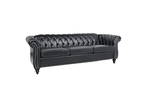 Image of LEVNARY Chesterfield Sofa, Classic Tufted Upholstered Leather Couch, Modern 3 Seater Couch Furniture with Tufted Back for Living Room Office (Black)