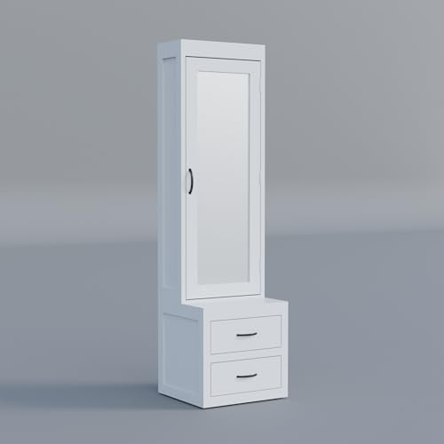 Image of Krishna Wood Decor Solid Sheesham Wood Mirror White Deco Paint Dressing Cabinet, Makeup Desk with Four Shelves & One Drawer with Cushioned Sitting Stool, Vanity Table for Living & Bed, Apparel Room