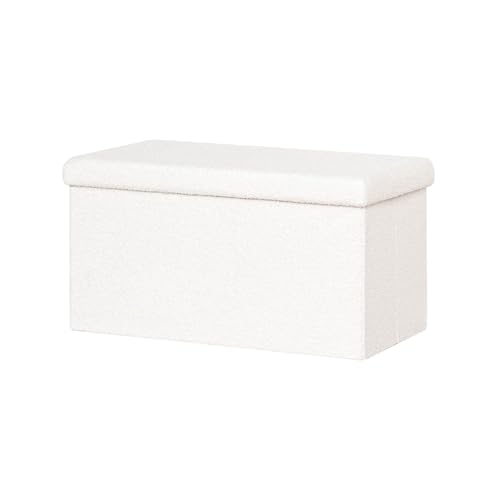 PINPLUS Banco de Almacenaje Plegable, Otomana Rectangular en Teddy Bouclé, Cómodo Reposapiés para Dormitorio, Salón y Pasillo, 76.5x38x38 cm, Bianco