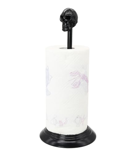 Owlgift Black Skull Paper Towel Holder &ndash; Gothic Cast Iron Head, Matte Iron Base, Dark Home & Halloween Kitchen Decor, 14.6&rdquo; Tall