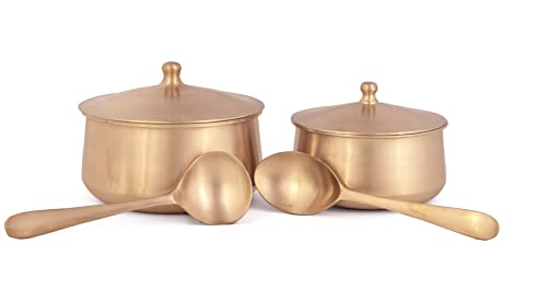 RAJ GHARANA METALS Pure Kansa Bowl Set with Spoon - Bronze Serving Bowl Set with Serving Spoon | Kansa Tableware Donga | Kansa Casserole for Serving Food, Ideal Gift for All Occasion - Set of 2