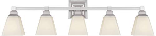 Image of Mencino-Opal 35 1 /4 inch Satin Nickel and Glass Bath Wall Mount 5-Light Fixture | Silver Metal Hardwired Wide Etched White Shade for Bathroom Vanity Mirror House Home Room Decor