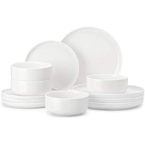 MALACASA Plates and Bowls Sets, 12 Pieces Porcelain Dinnerware Sets Dishware Sets Chip Resistant Ceramic Dish Set Dining Dinner Ware Service for 4, White, Series LUNA Cover