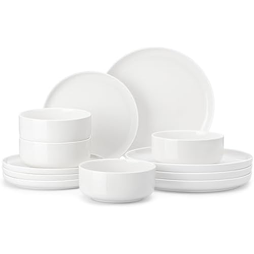 MALACASA 12 Pcs Porcelain Plates and Bowls Sets,Dinnerware Set for 4,White