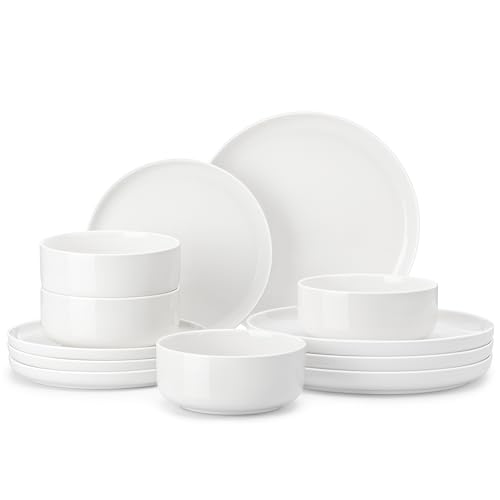 MALACASA Dinner Set for 4, 12 Pieces Porcelain Plates and Bowls Sets Dinnerware Sets Chip Resistant Ceramic Dish Set Service for 4, White, Series Luna