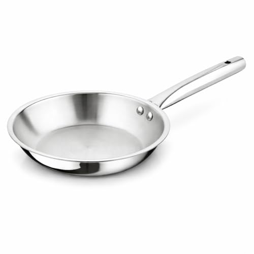 Image of Tri-Ply Stainless Steel Frying Pan 24 cm - Triply Construction with Aluminium Core, Heavy Duty Skillet with Riveted Handle, Induction Compatible, Premium Steel Finish (1.7 LTR)