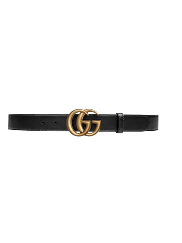 Gucci Marmont Black Leather Belt with GG Antique Brass Buckle (1.0 inches wide, 80 cm / 31.5 in)