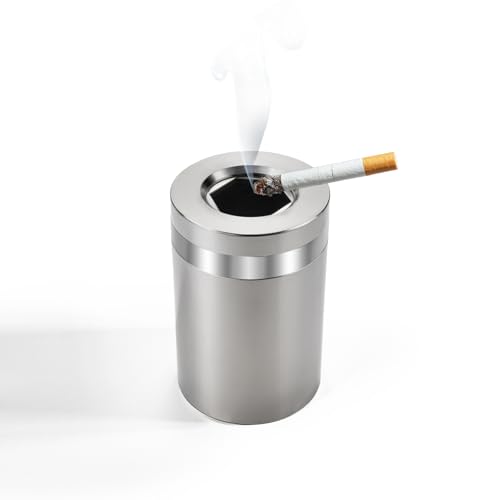 Image of Windproof Stainless Steel Car Ashtray No Smell - Cup Holder Fit with Rotating Lid for Vehicle Travel(Silver Matte Tall)