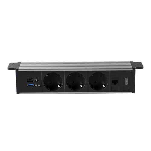 Elbe Inno Enchufe de mesa (3 enchufes, 1 USB-A, 1 USB-C, 1 RJ45, 1 HDMI) con cable de alimentación de 1,8 m, enchufe múltiple para cocina y oficina, color negro