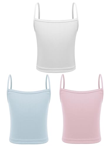 Girls Cotton Ribbed Camisole Yoga Dance Cami 3 Pack Kids Basci Tank with Spaghetti Straps Sleeveless Crop Top