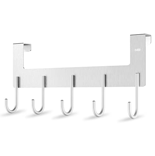 EMODDE Türhaken Türgarderobe Hakenleiste für Jacken,Schals,Taschen,Haken Tür für 1-2cm Dick,Aluminum Hakenleiste,Wohnzimmer,Badezimmer,Küche 5 Haken ohne Bohren Siber Cover