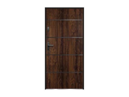 Vente-unique - Puerta de entrada de acero sÛlido y acero inoxidable Alt. 207 x L100 cm natural oscuro - abriendo hacia la derecha - NAXARA