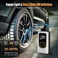 GPEESTRAC tire inflator next to a car tire, with text indicating 'Super Fast & Auto Shut-Off Inflation' and showing a target pressure of 35 PSI.