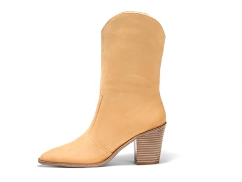 Coutgo Womens Cowboy Mid Calf Boots Chunky Block Heel Pointed Toe Suede Western Cowgirl Boots2