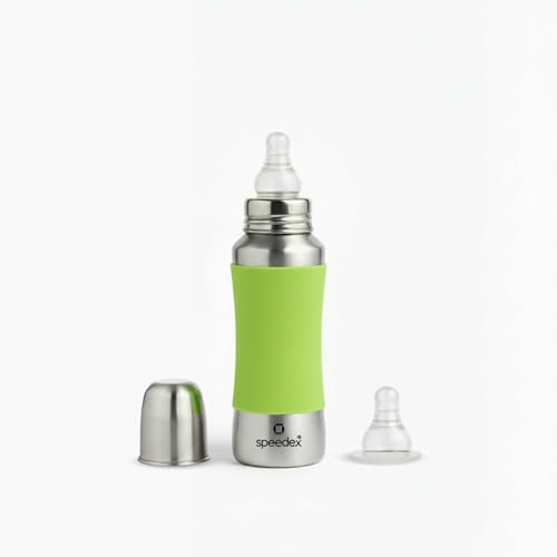 Image of SPEEDEX Stainless Steel Baby Feeding Bottle 240 ml with Green Silicone Grip & Internal ML Marking | BPA & Plastic Free | Anti-Colic Silicone Nipple | 304 Grade Steel Infant Milk Bottle | Leak Resistant (240ml)