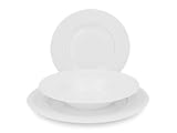 H&H Tafelservice 18-teilig Altea aus weißem Porzellan – 6 flache Teller 27,5 cm, 6 tiefe Teller 22,5 cm, 6 Obstteller 21 cm, geeignet für Mikrowelle und Spülmaschine