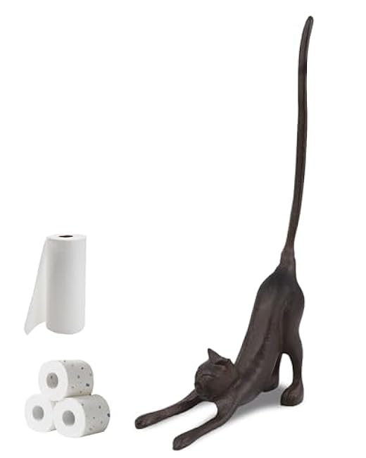 Brown Cat Paper Towel Holder for Bathroom & Kitchen - Vintage Cast Iron Free Standing Paper Roll Holder, Heavy Duty Decorative Toilet Paper Stand with Weighted Base