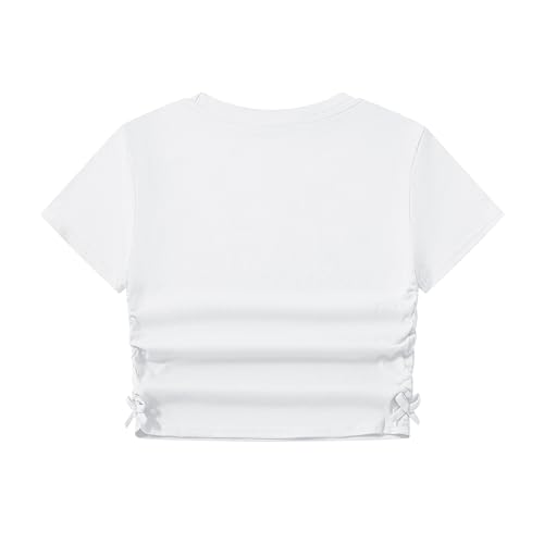 Image of Girl's Graphic Crop Top Summer Tee Drawstring Side Tie Knot Hem Round Neck Short Sleeve T-Shirts