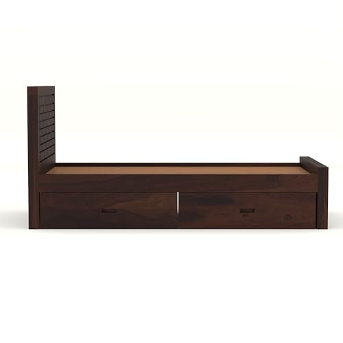 Image of Solid Sheesham Wood Single Size Bed with 2 Drawer Storage Wooden Single Cot Bed for Home Living Room Bedroom Guest Room Hotel (Walnut, Size 6 * 4)