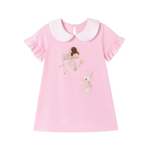 LitBud Girls Easter Dress Toddler Bunny Elf Dresses Short Sleeve Casual A-line Spring Summer Outfits for Kids Pink Size 4-5 Years 5T