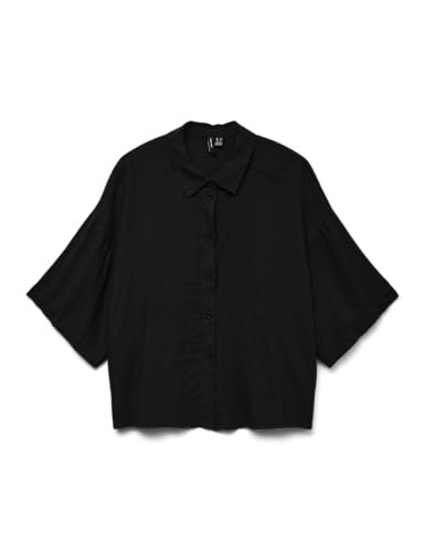 Blusa de Mujer con Corte Holgado y Botones - Oferta Camisa Mujer Mangas 3/4 Femenina, Color:Negro, Talla:L
