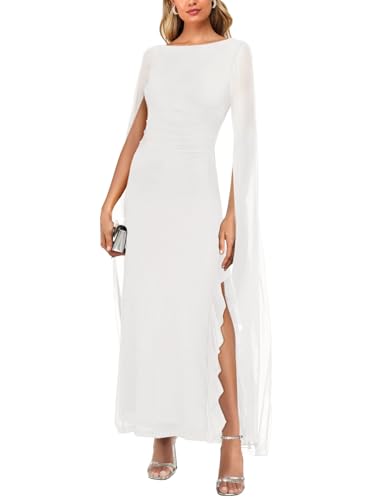 MAYFASEY Women's Sexy Elegant Long Sleeve High Split Mesh Ruched Formal Long Evening Party Maxi Dress with Cape4